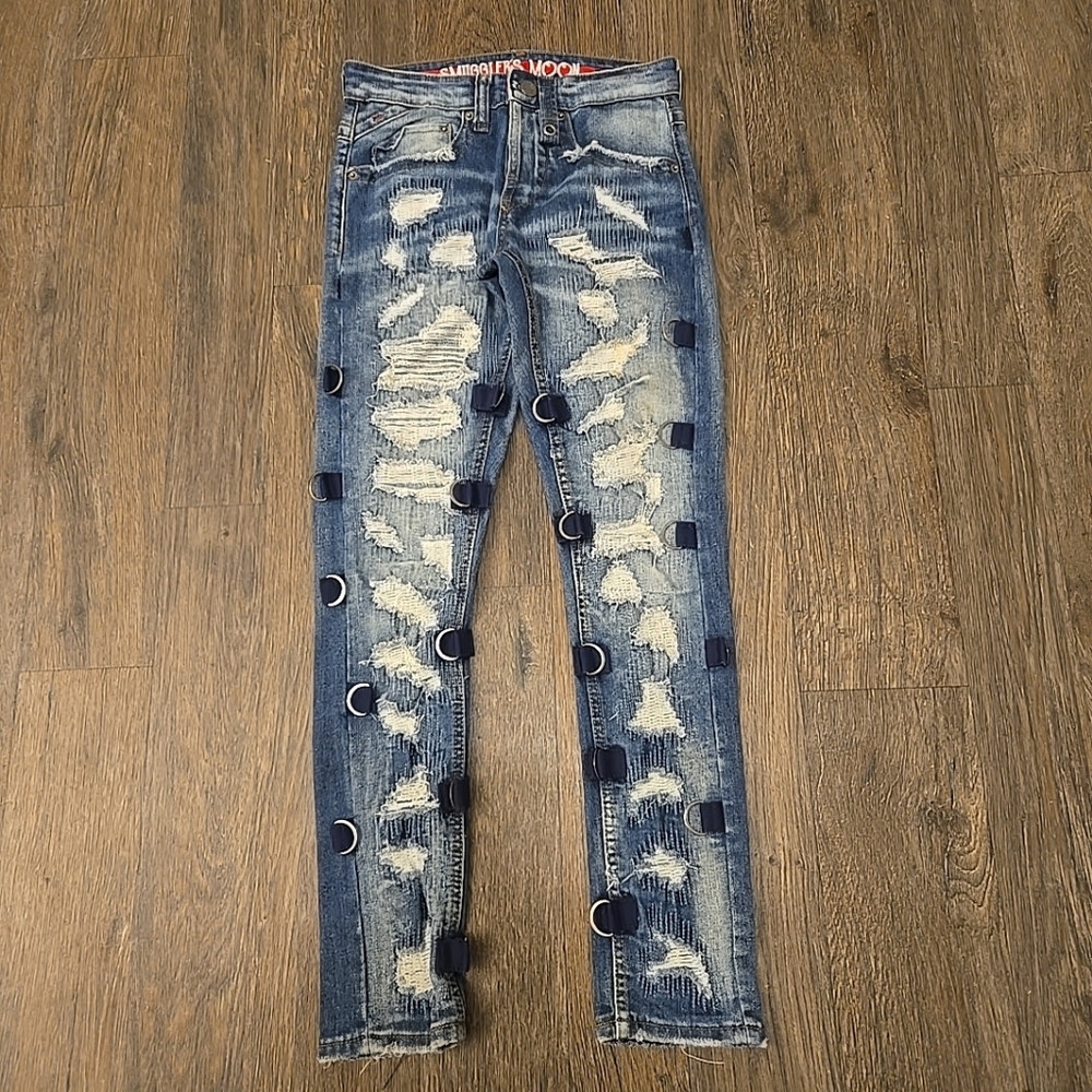 Smugglers Moon Distressed Blue Jeans Mens 28x31 Rare Sippin When Moon Shine